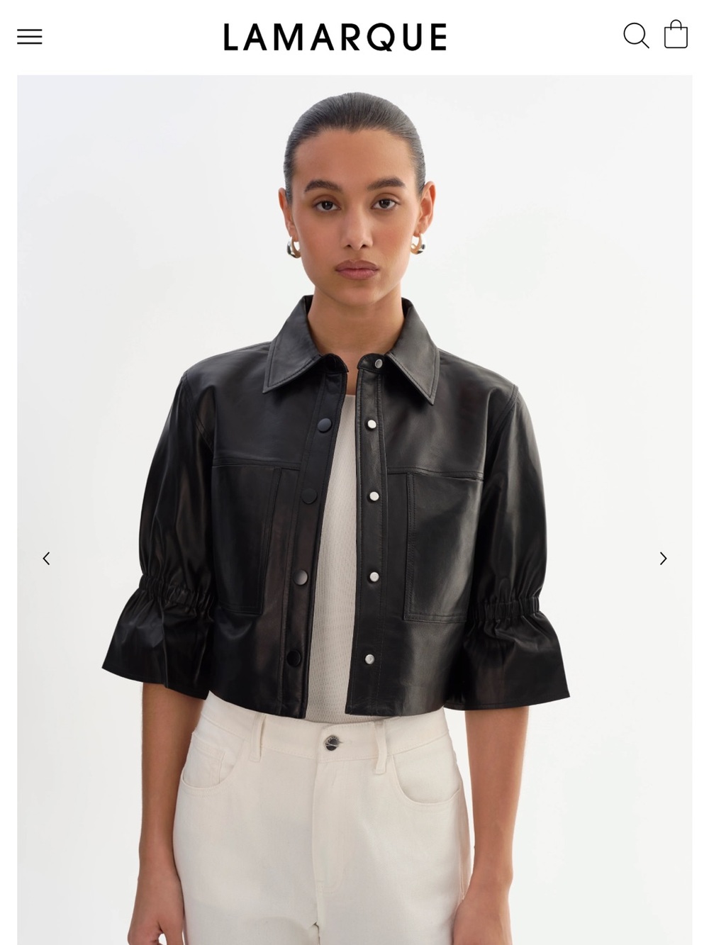 Lamarque Carolina Black Cropped Ruffle Sleeves Leather Jacket  - Women
